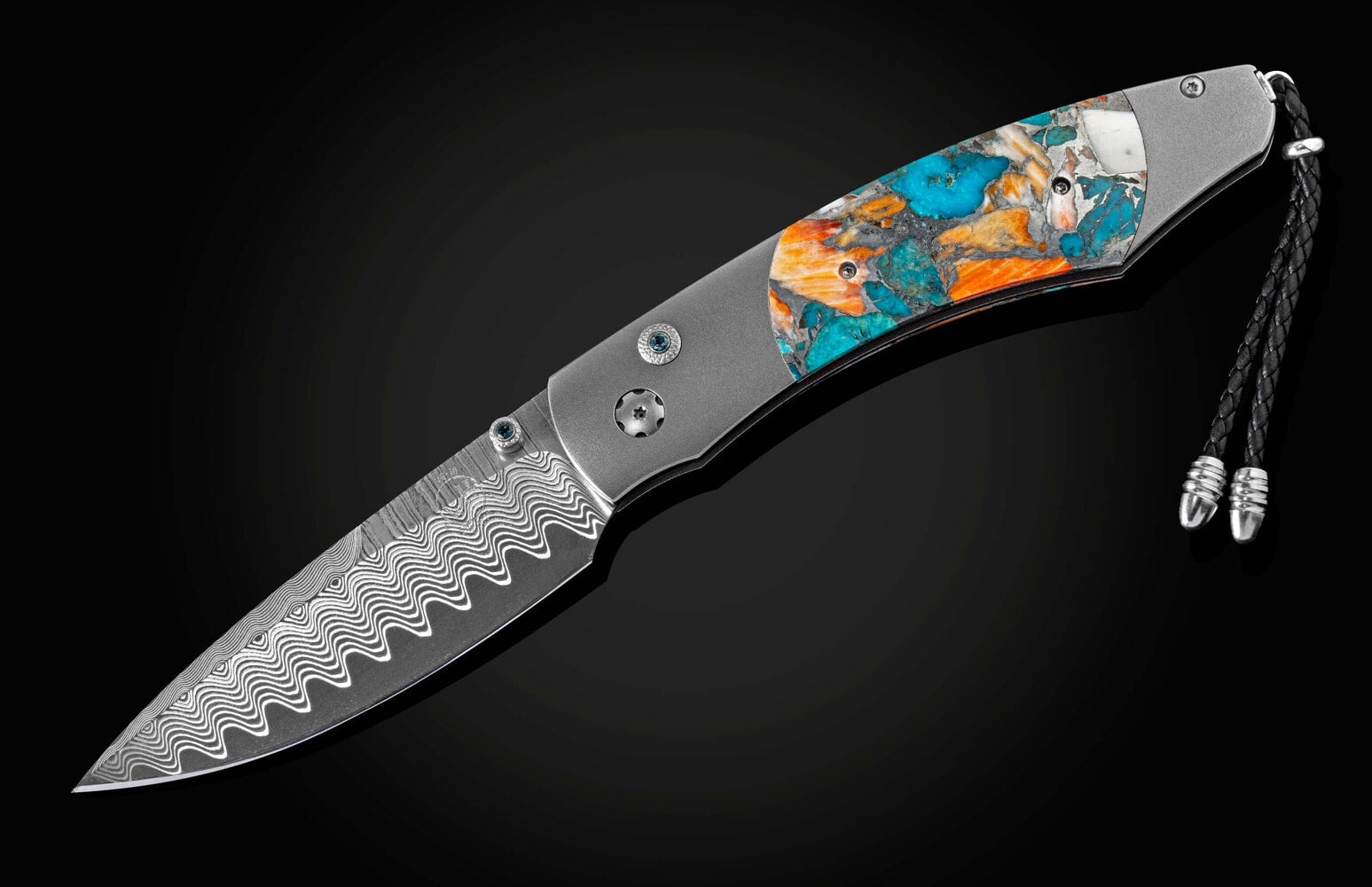 William Henry Titanium pocketknife with turquoise and spiny oyster shell and damascus B12 OCEAN BREEZE