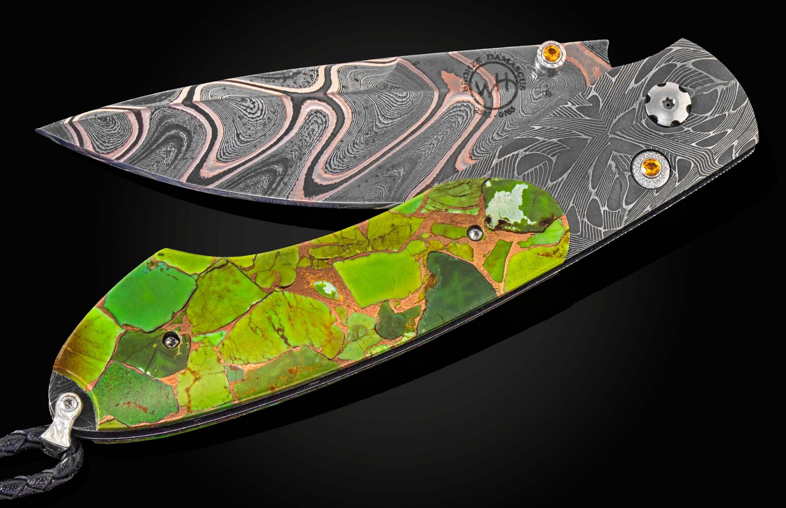 William Henry Hand-forged folding knife with bronze damascus blade and Mojave Green Turquoise B12 SEDONA VORTEX