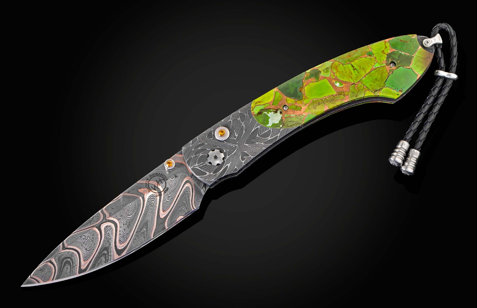William Henry Hand-forged folding knife with bronze damascus blade and Mojave Green Turquoise B12 SEDONA VORTEX