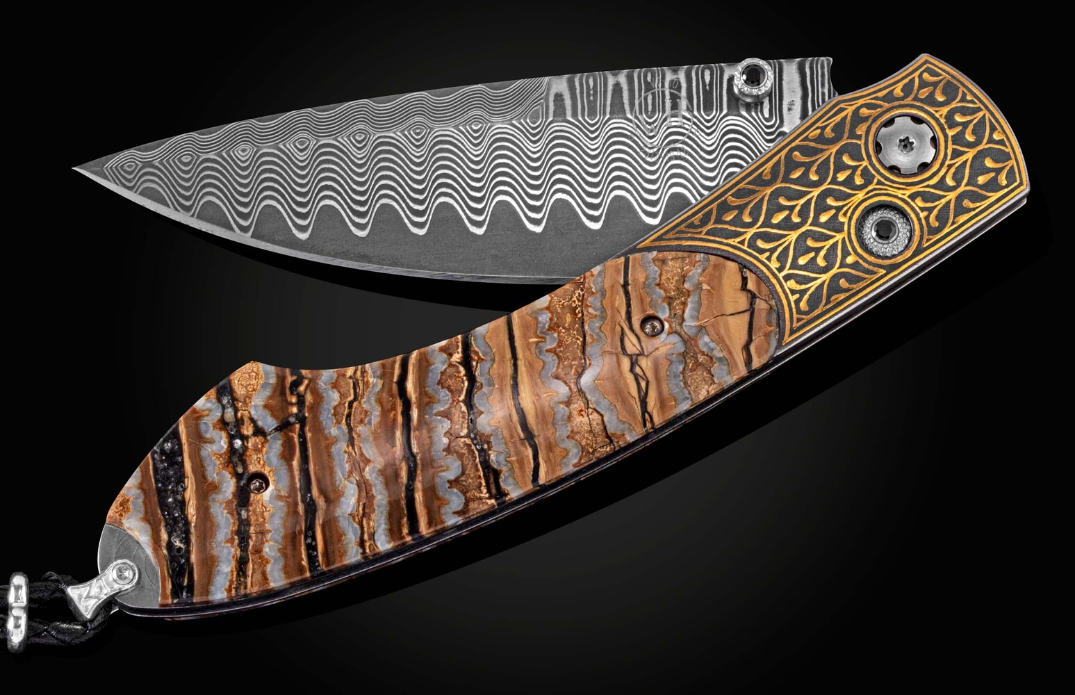 William Henry Pocketknife with 24K gold koftgari, fossil Mammoth Tooth, and 'wave' damascus blade B12 SIERRA