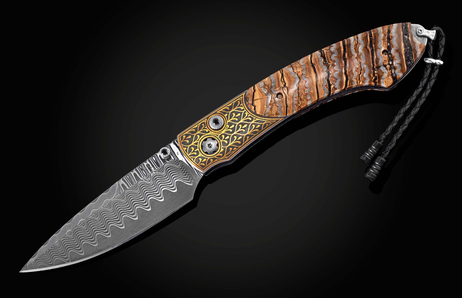 William Henry Pocketknife with 24K gold koftgari, fossil Mammoth Tooth, and 'wave' damascus blade B12 SIERRA