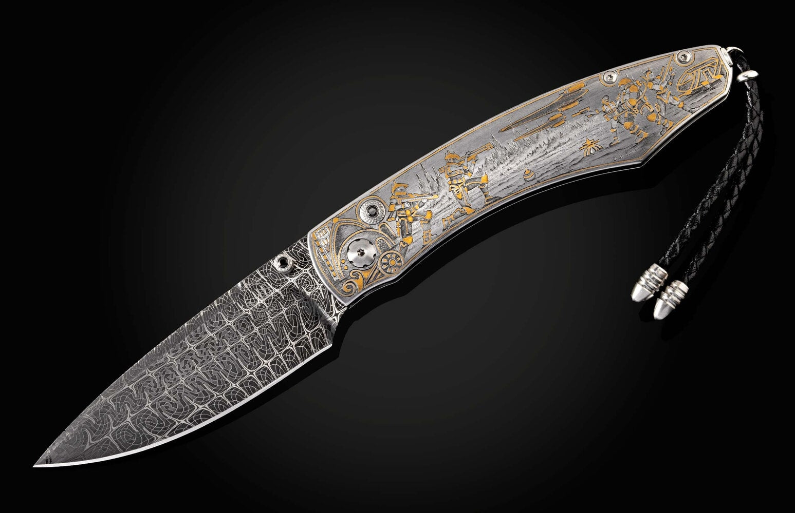 William Henry Hand-engraved pocketknife with 24K gold inlays and damascus blade B12 SPACE INVADERS