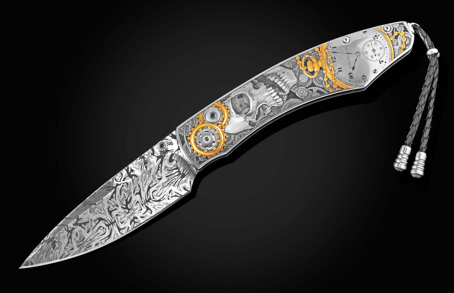 William Henry Hand-engraved knife with 24K gold and hand-forged damascus blade B12 TIMEKEEPER