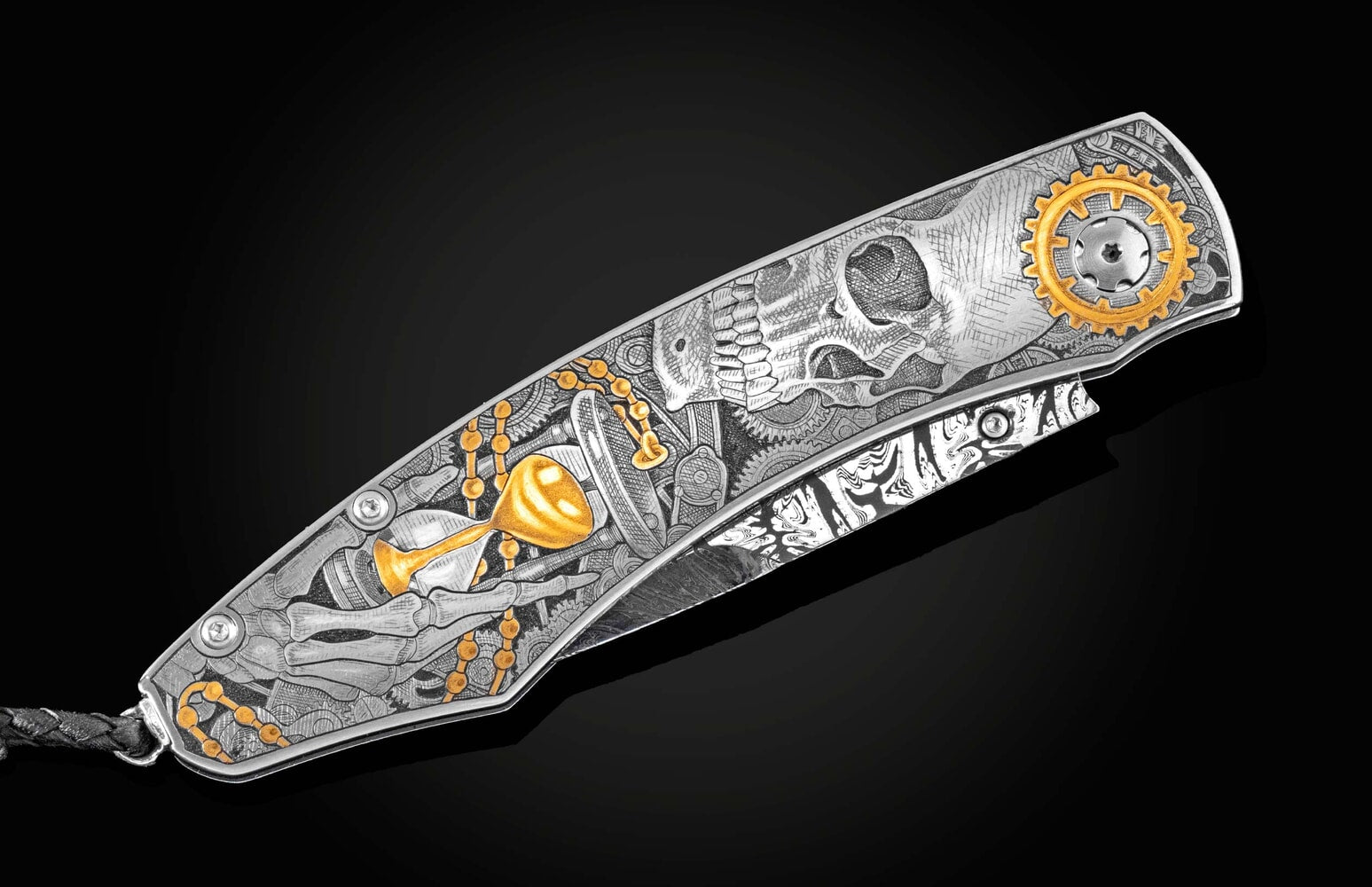 William Henry Hand-engraved knife with 24K gold and hand-forged damascus blade B12 TIMEKEEPER