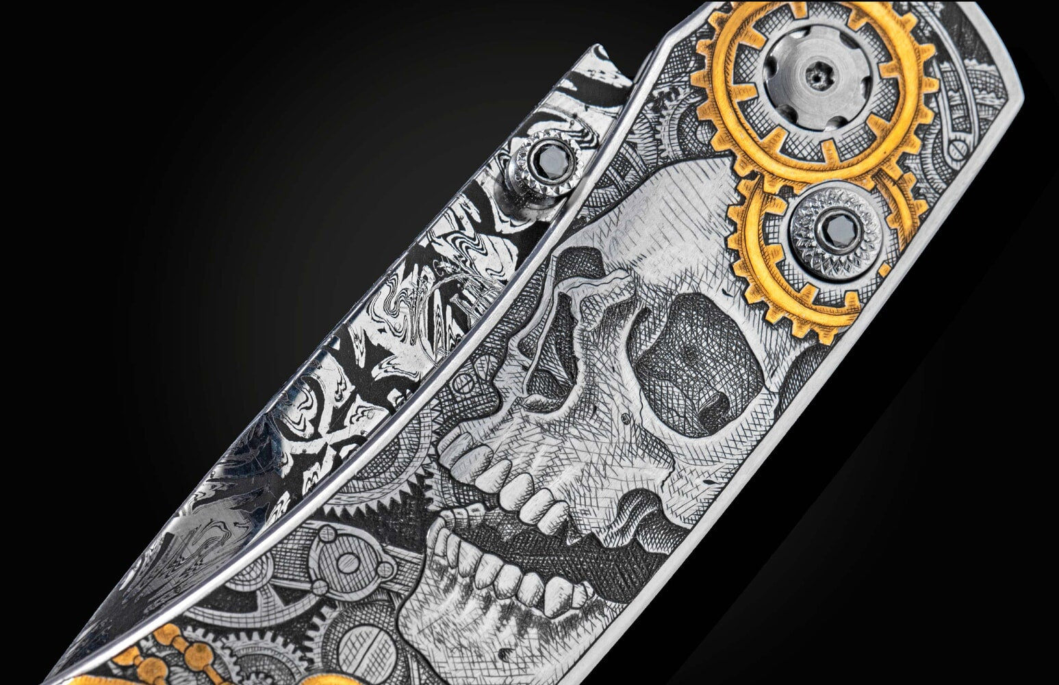 William Henry Hand-engraved knife with 24K gold and hand-forged damascus blade B12 TIMEKEEPER