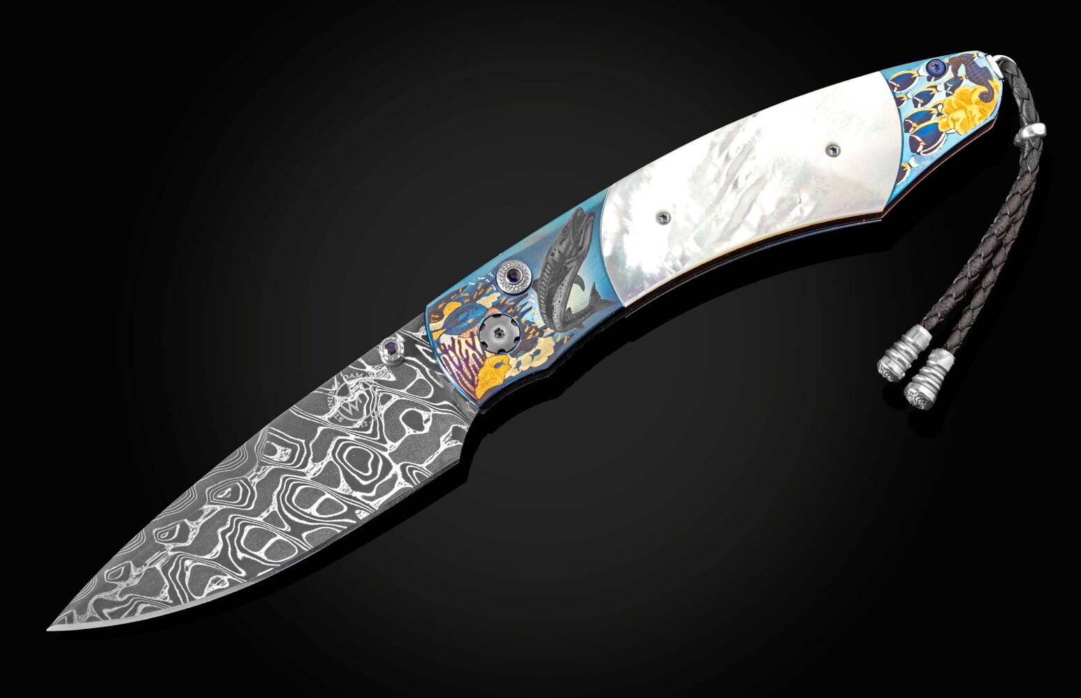 William Henry Folding pocket knife with hand engraving, mother of pearl and precious metal inlays B12 UNDER THE SEA II