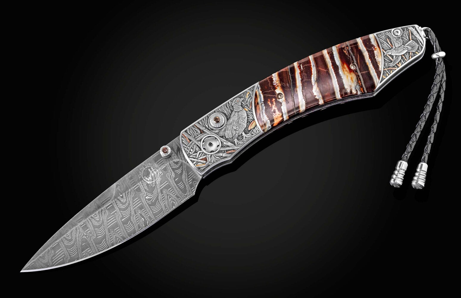 William Henry Hand-engraved pocketknife with fossil mammoth tooth and damascus B12 UPLAND GAME