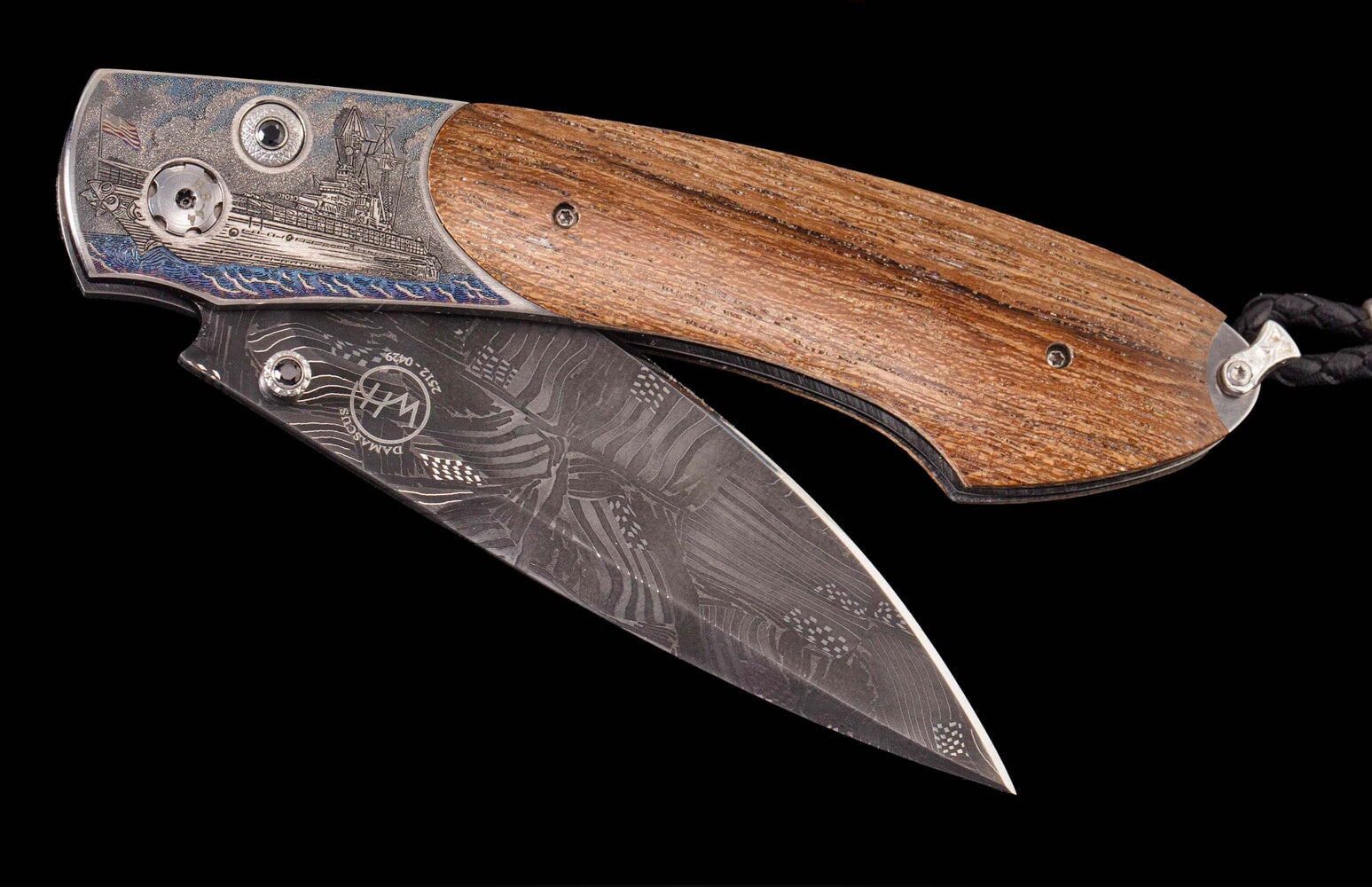 William Henry Teak wood from 'USS California', color-laser engraved titanium, and damascus B12 USS CALIFORNIA
