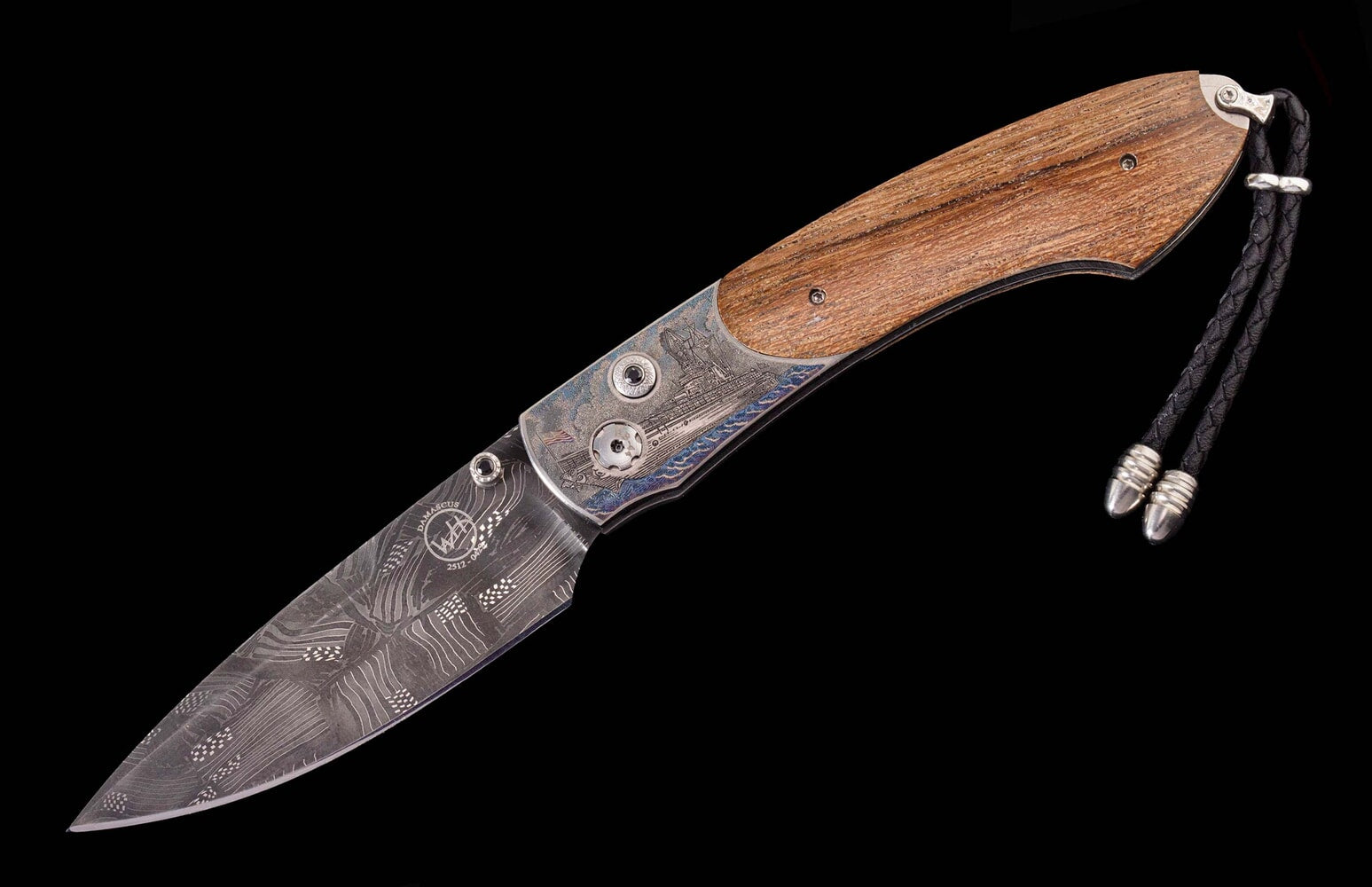 William Henry Teak wood from 'USS California', color-laser engraved titanium, and damascus B12 USS CALIFORNIA