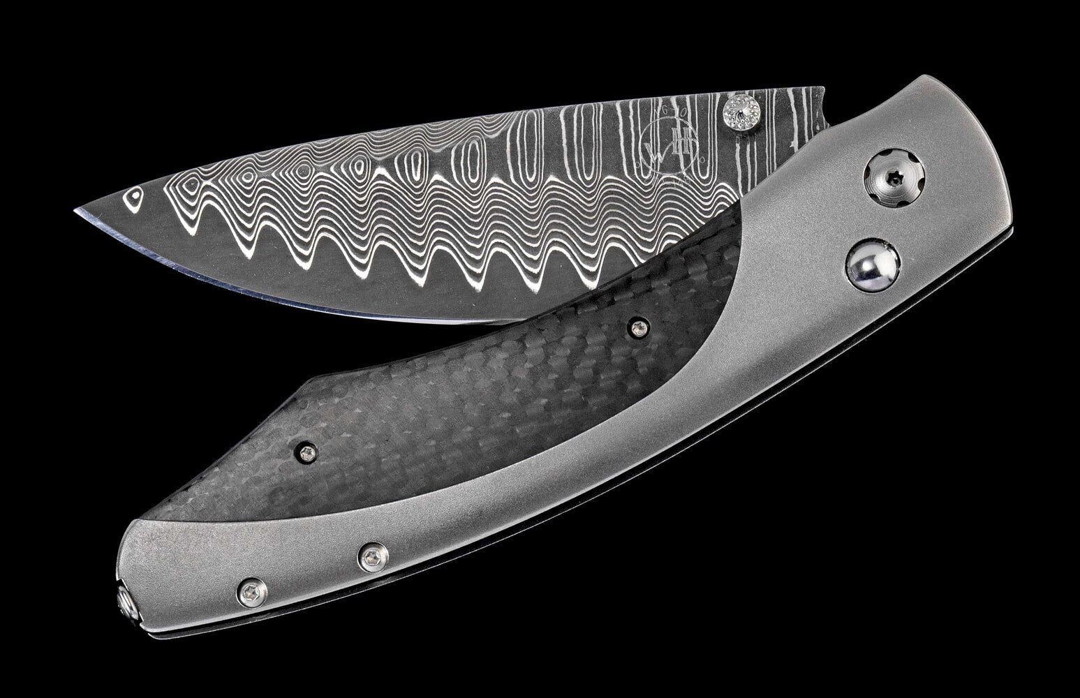 William Henry Titanium pocketknife with carbon fiber and 'wave' damascus blade B12 VEGA