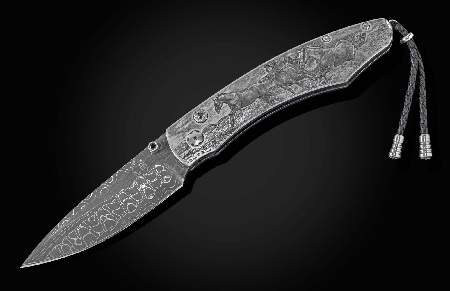 William Henry Hand-engraved folding knife with hand-forged damascus B12 WILD AND FREE III