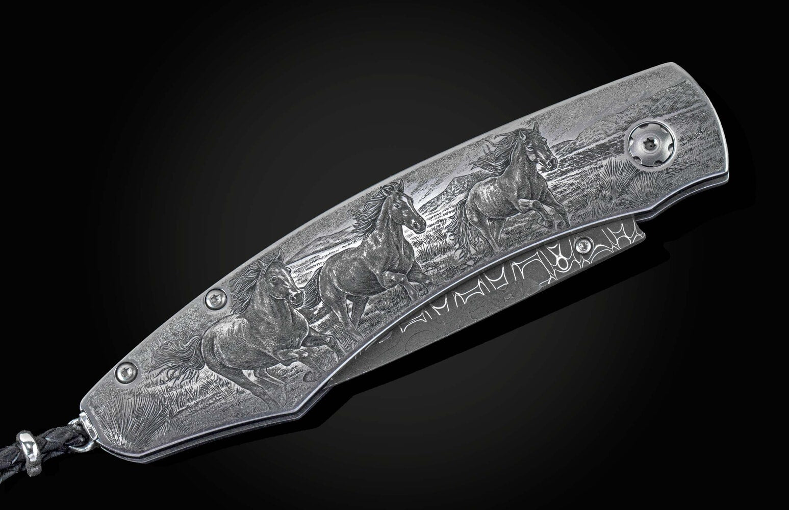 William Henry Hand-engraved folding knife with hand-forged damascus B12 WILD AND FREE III