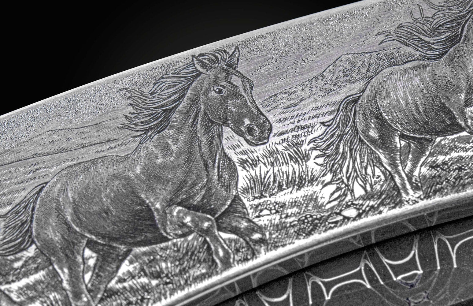 William Henry Hand-engraved folding knife with hand-forged damascus B12 WILD AND FREE III