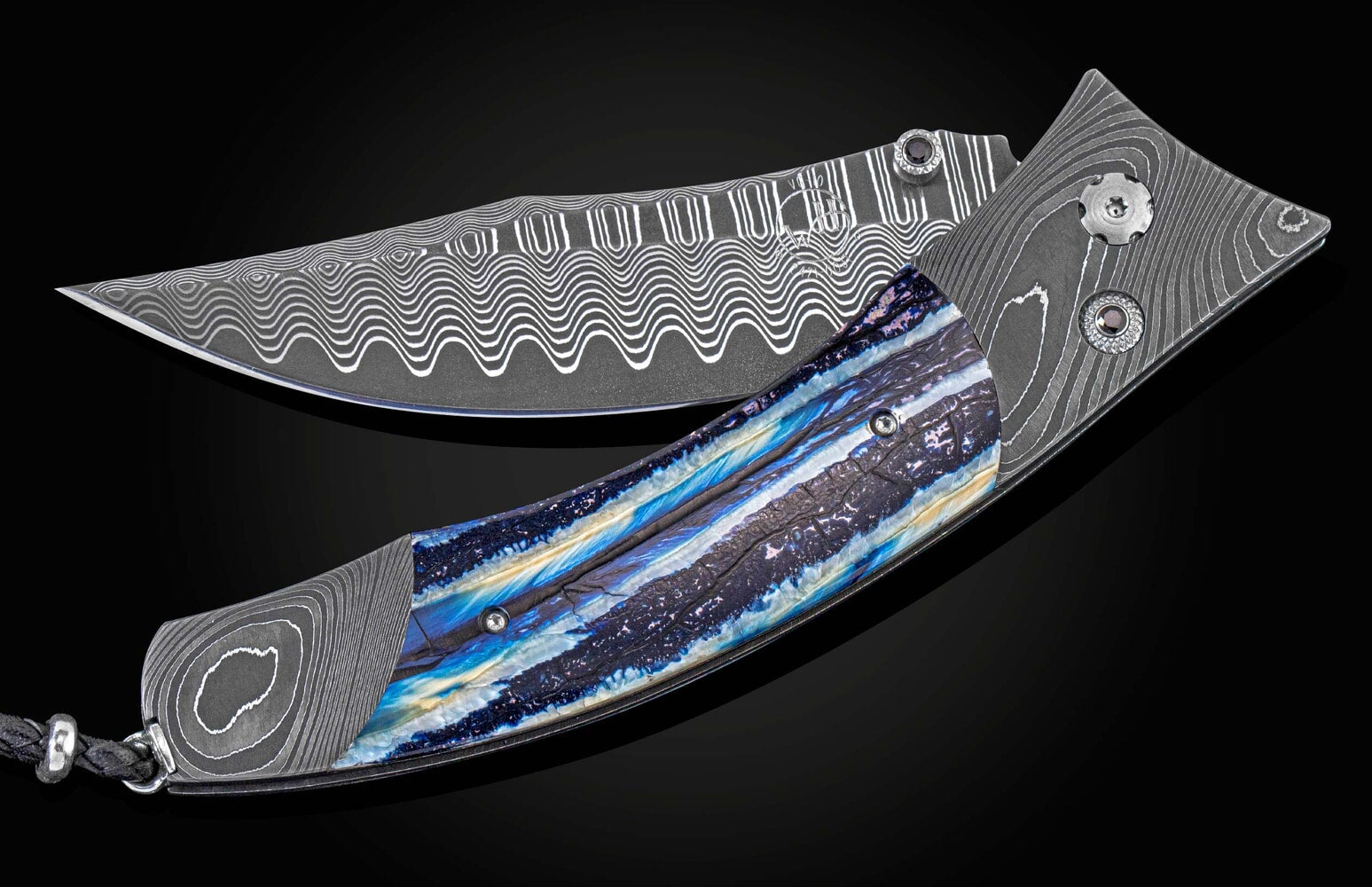 William Henry Folding knife with hand-forged damascus and woolly mammoth tooth B21 BLUE WAVE