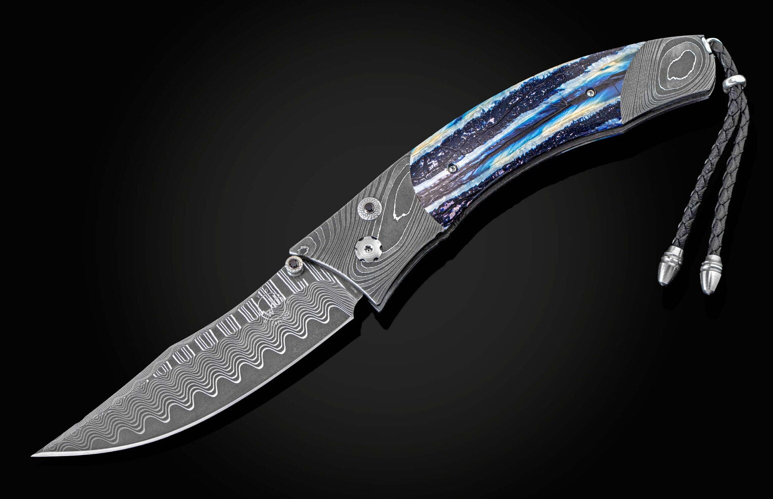 William Henry Folding knife with hand-forged damascus and woolly mammoth tooth B21 BLUE WAVE