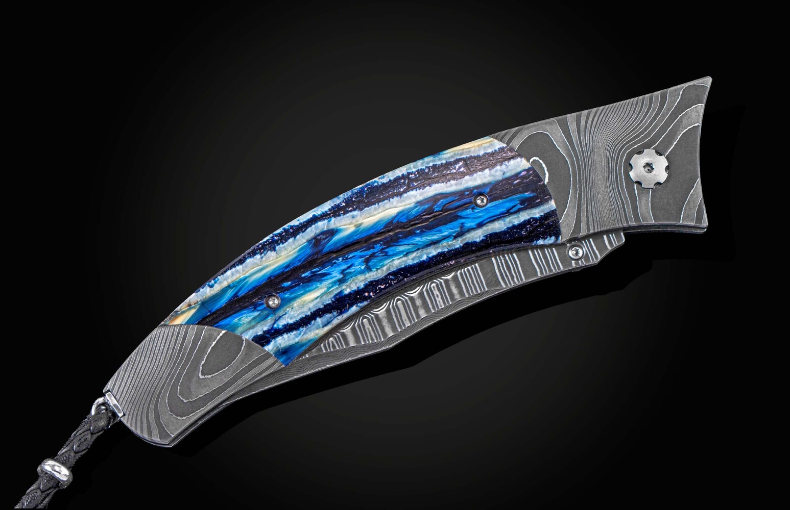 William Henry Folding knife with hand-forged damascus and woolly mammoth tooth B21 BLUE WAVE