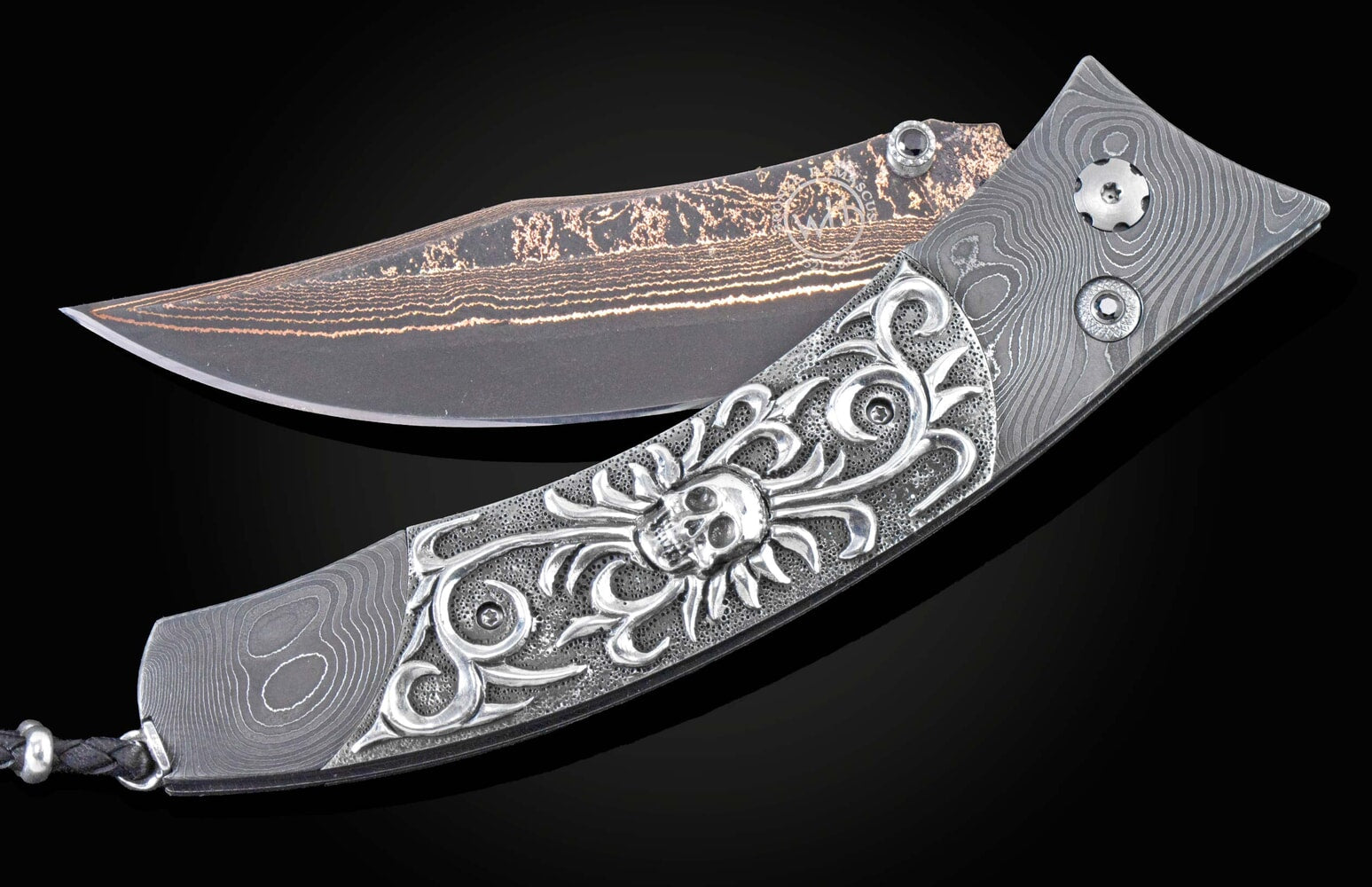 William Henry Folding knife with hand-forged damascus and hand-carved sterling silver B21 DARK DREAMS