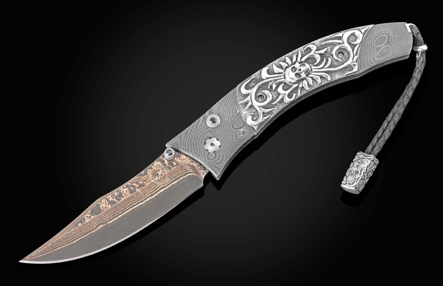 William Henry Folding knife with hand-forged damascus and hand-carved sterling silver B21 DARK DREAMS