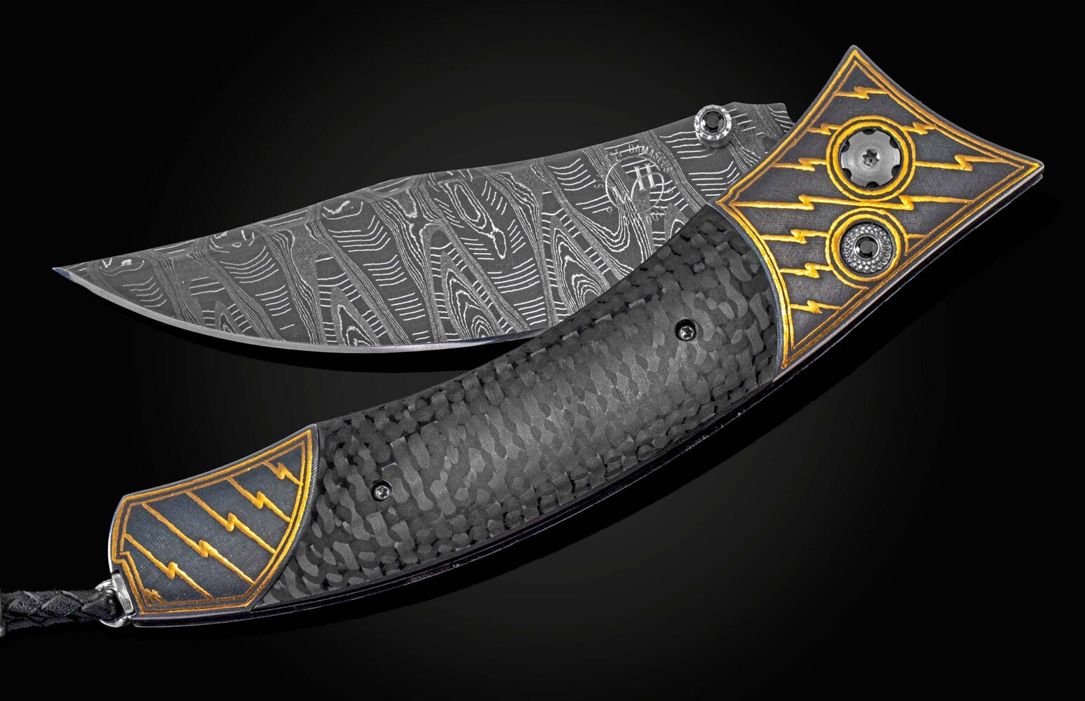 William Henry Folding knife with 24K gold Koftgari and carbon fiber B21 LIGHTNING