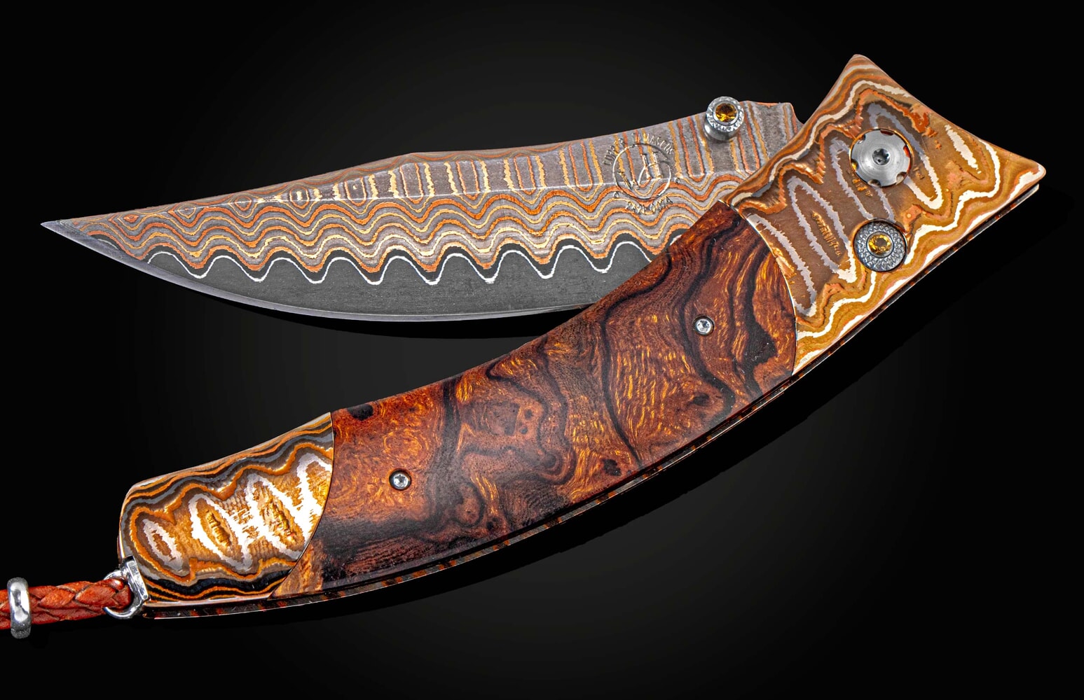 William Henry Folding knife with desert ironwood and 'Wave Mokume' B21 SAW TOOTH
