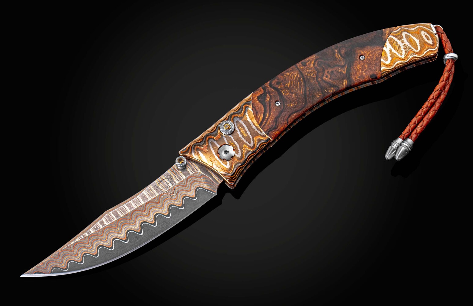 William Henry Folding knife with desert ironwood and 'Wave Mokume' B21 SAW TOOTH