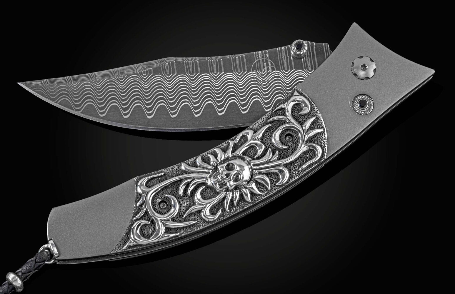William Henry Titanium pocketknife with 'Wave' damascus and carbon fiber B21 SKULL CANDY