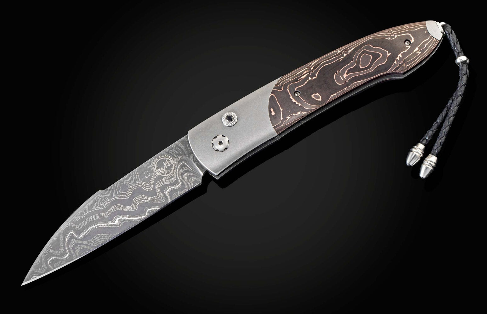 William Henry Automatic opening folding knife with titanium, damascus, and carbon fiber. B22 BLACK MAX