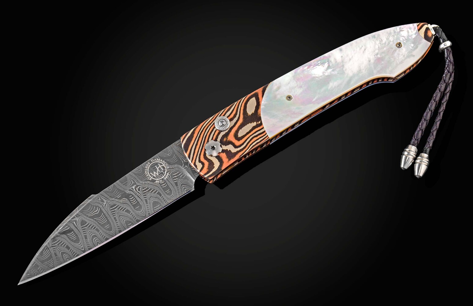 William Henry Automatic opening folding knife with mokume gane, mother of pearl and damascus B22 DUNE