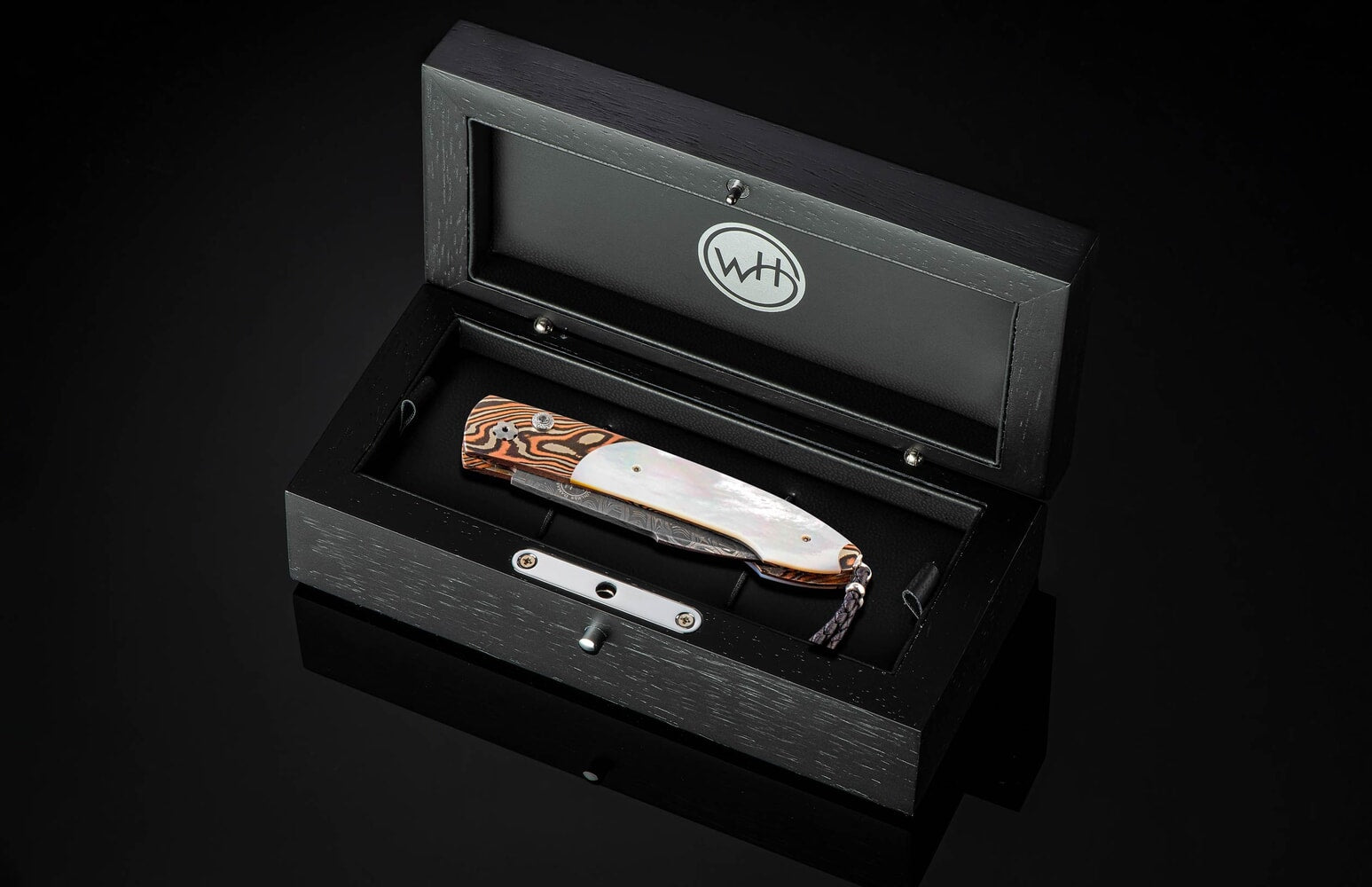William Henry Automatic opening folding knife with mokume gane, mother of pearl and damascus B22 DUNE