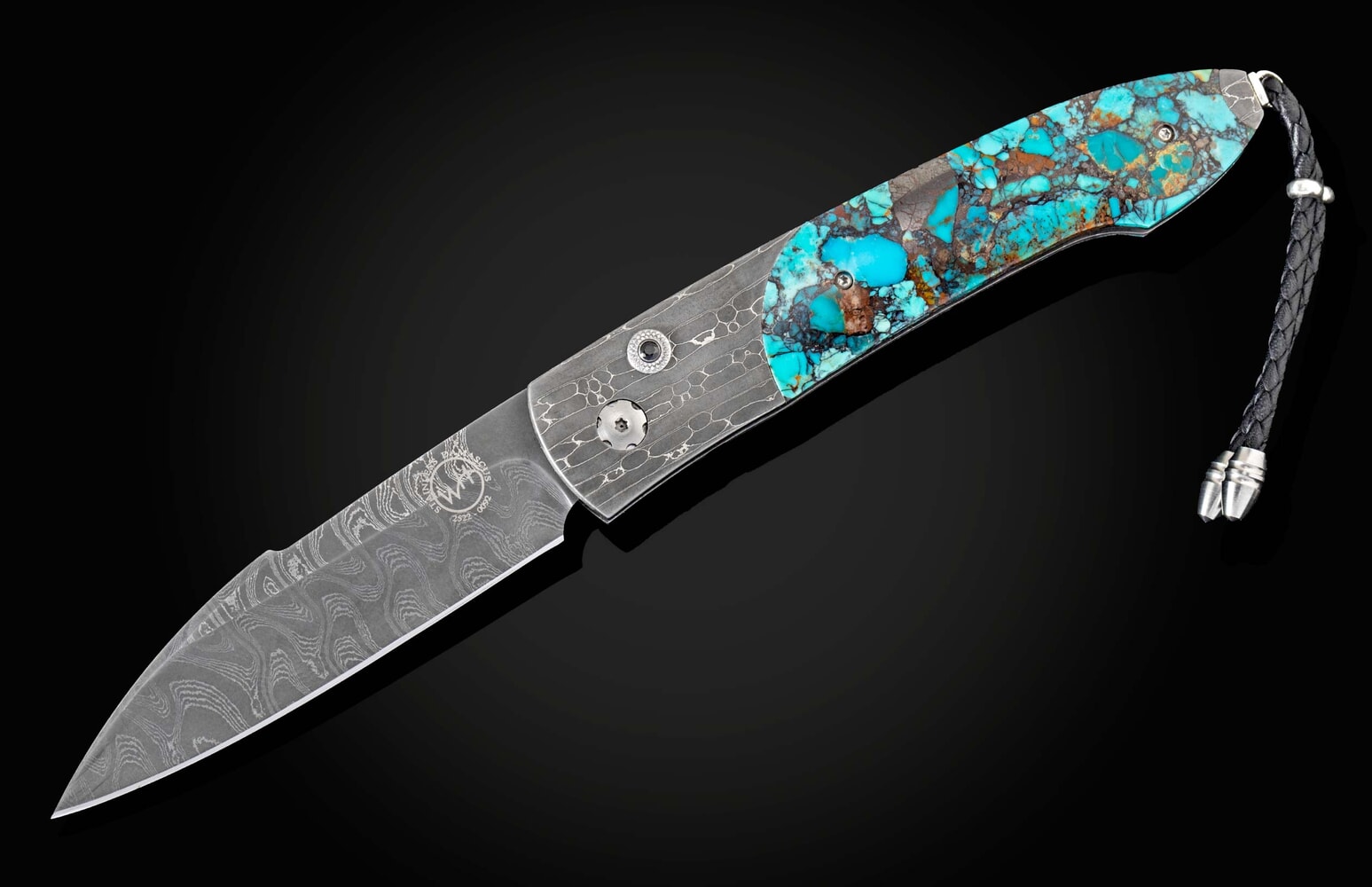 William Henry Automatic opening folding knife with hand-forged damascus and 'Black Matrix' Kingman turquoise B22 KINGMAN
