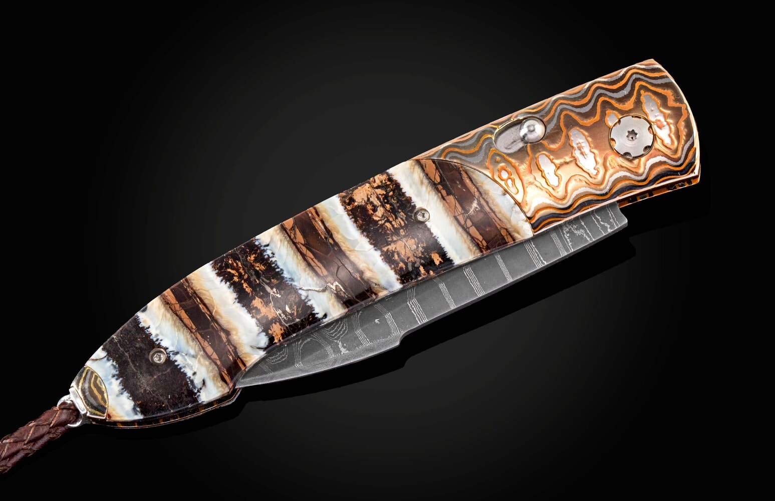 William Henry Automatic opening folding knife with 'Wave' mokume and woolly mammoth tooth B22 MAMMUT