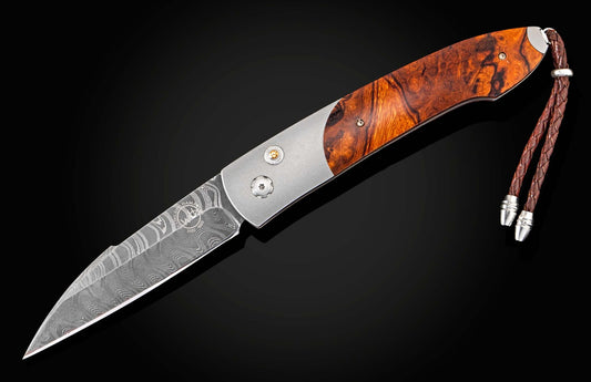 William Henry Automatic opening folding knife with titanium, damascus, and ironwood B22 VISTA