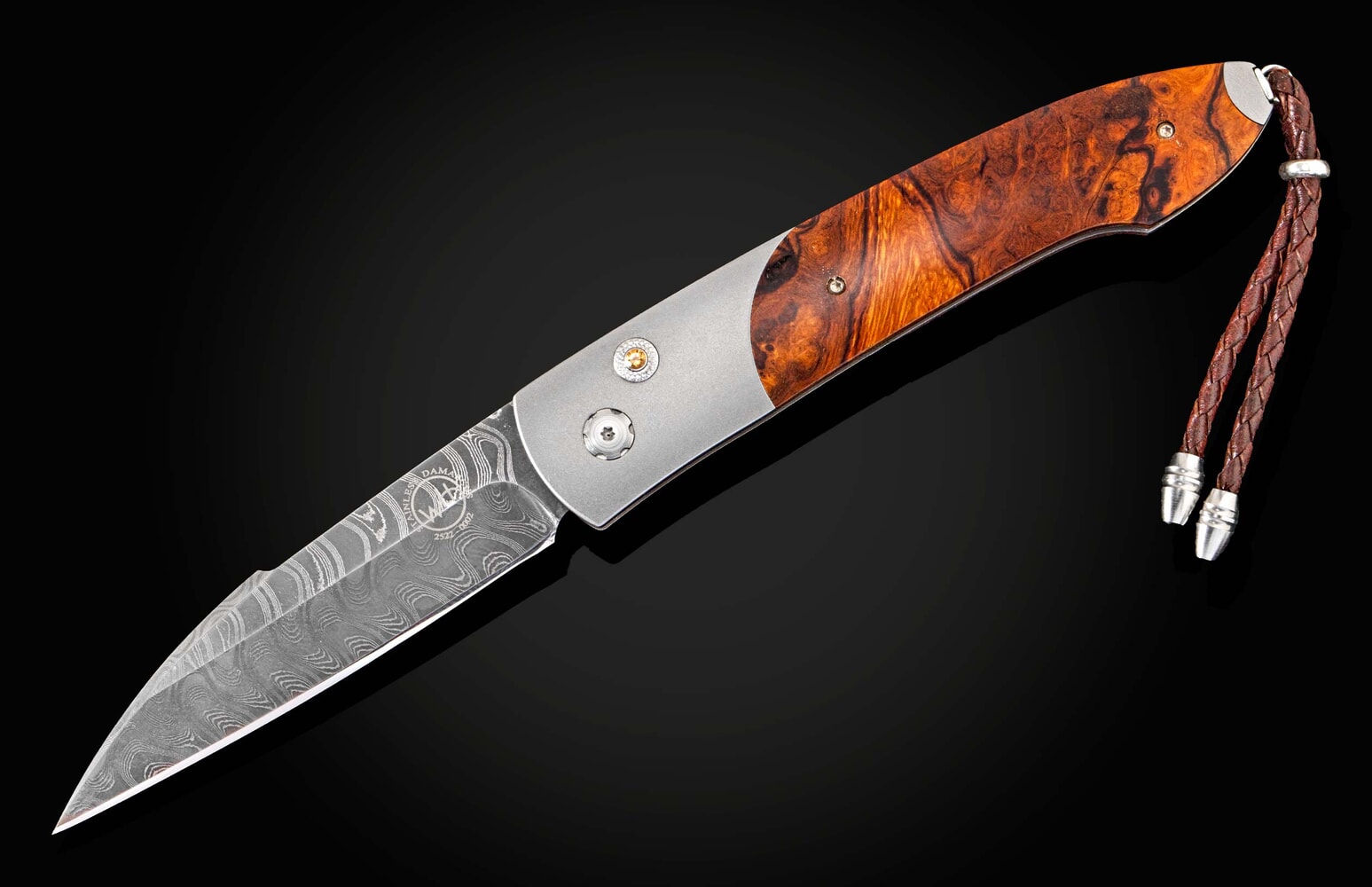 William Henry Automatic opening folding knife with titanium, damascus, and ironwood B22 VISTA