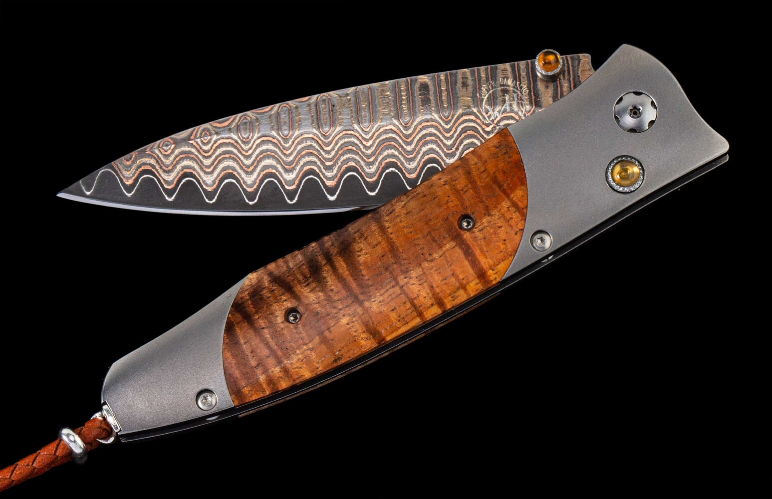 William Henry Titanium pocket knife with koa wood and 'copper wave' damascus blade B30 808