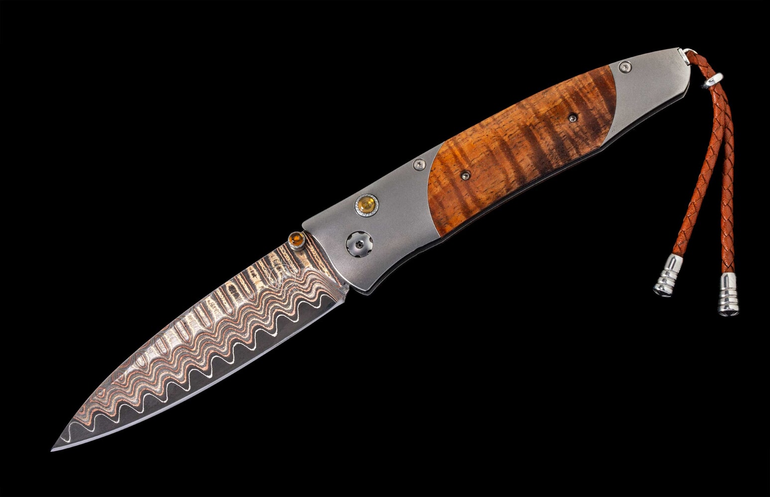 William Henry Titanium pocket knife with koa wood and 'copper wave' damascus blade B30 808