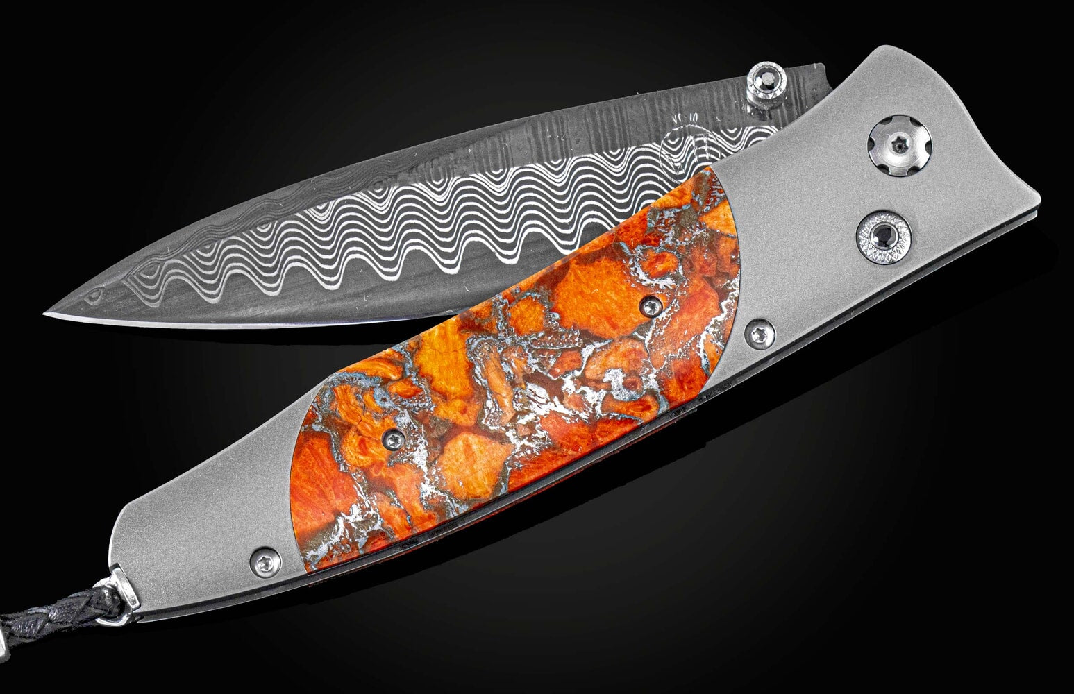 William Henry Titanium Pocketknife with apple coral, and 'Wave' damascus blade B30 DARK WAVES