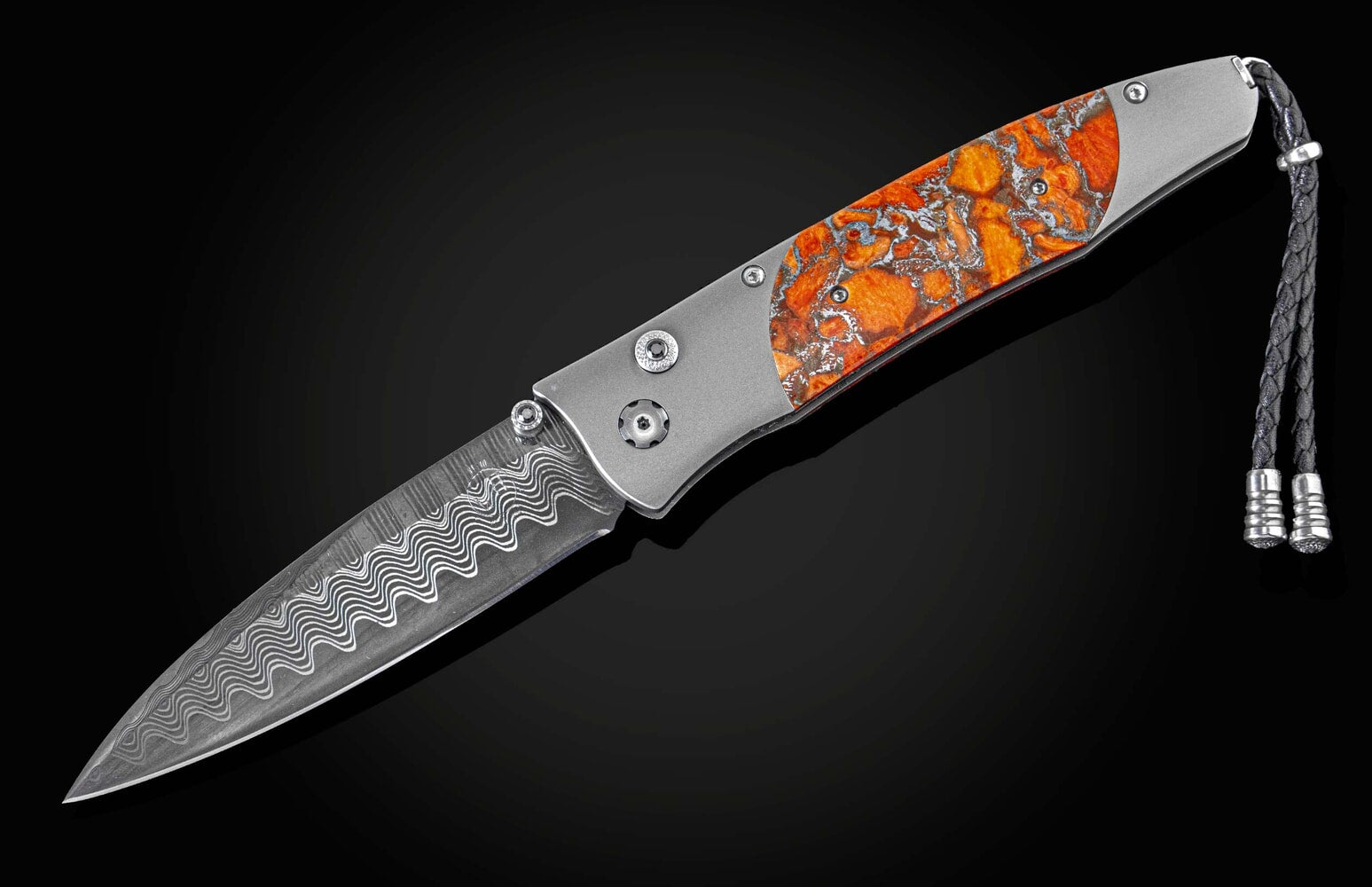 William Henry Titanium Pocketknife with apple coral, and 'Wave' damascus blade B30 DARK WAVES