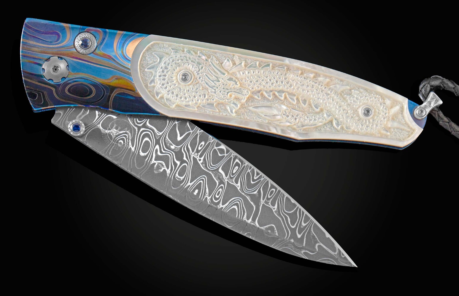 William Henry Titanium folding knife with carved pearl and hand-forged damascus B30 DRAGON SKIN