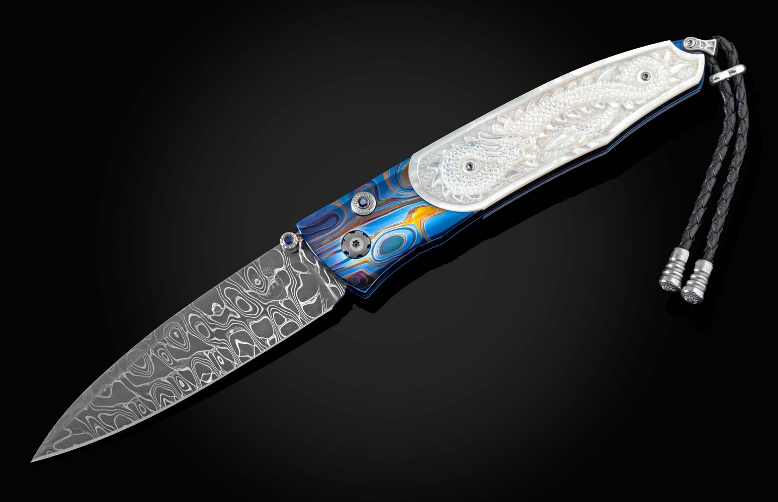 William Henry Titanium folding knife with carved pearl and hand-forged damascus B30 DRAGON SKIN