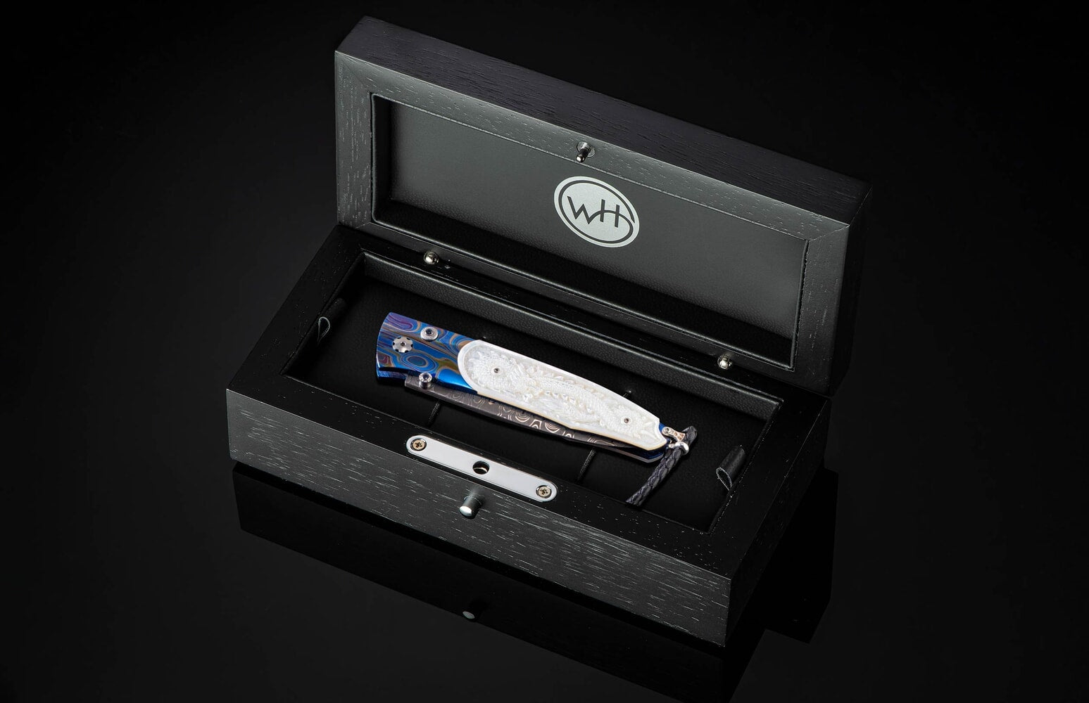 William Henry Titanium folding knife with carved pearl and hand-forged damascus B30 DRAGON SKIN