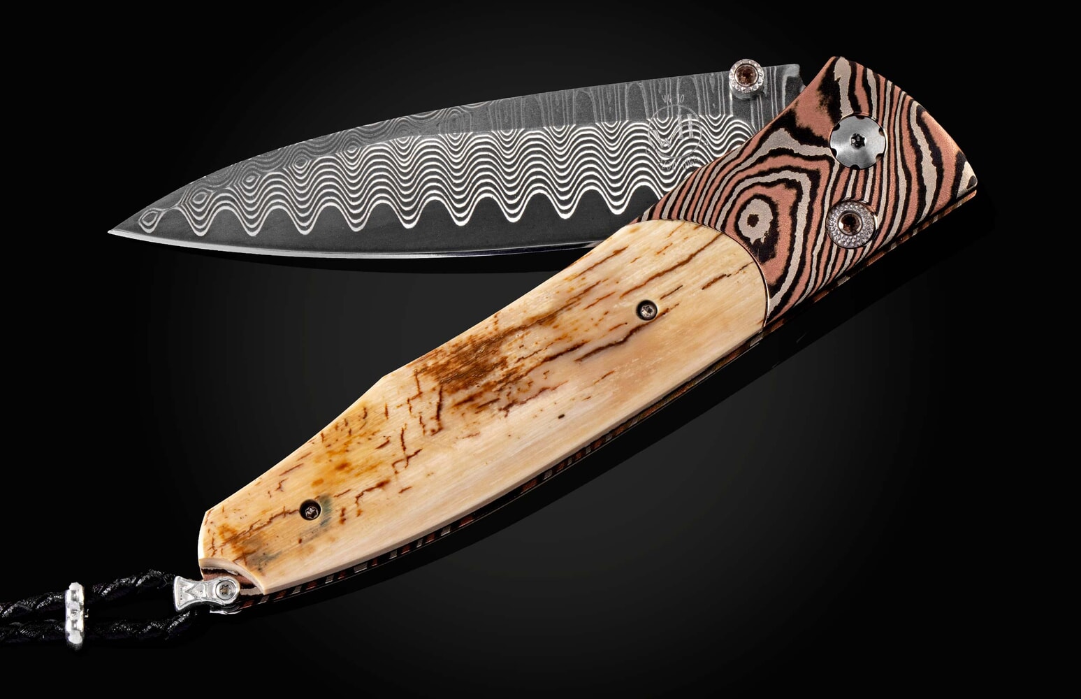 William Henry Pocketknife featuring mokume gane, fossil mammoth tusk bark, and wave damascus blade. B30 EVENTIDE