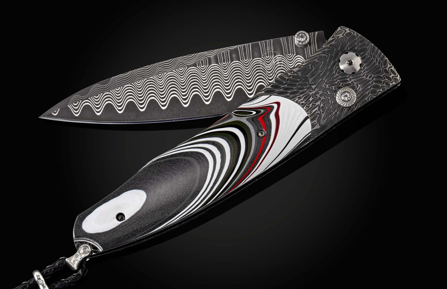 William Henry Damascus pocket knife with Fordite scales and 'Wave' damascus blade B30 FLATHEAD