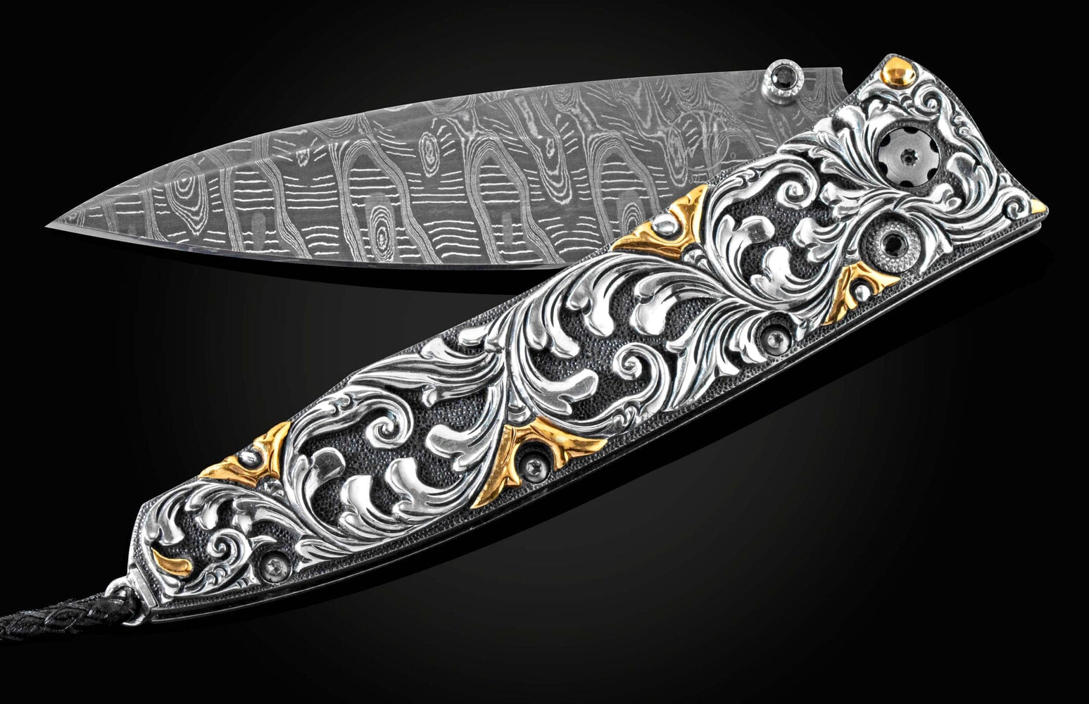 William Henry Pocketknife with hand-carved sterling silver, gold accents, and damascus blade B30 GOLDEN DAWN