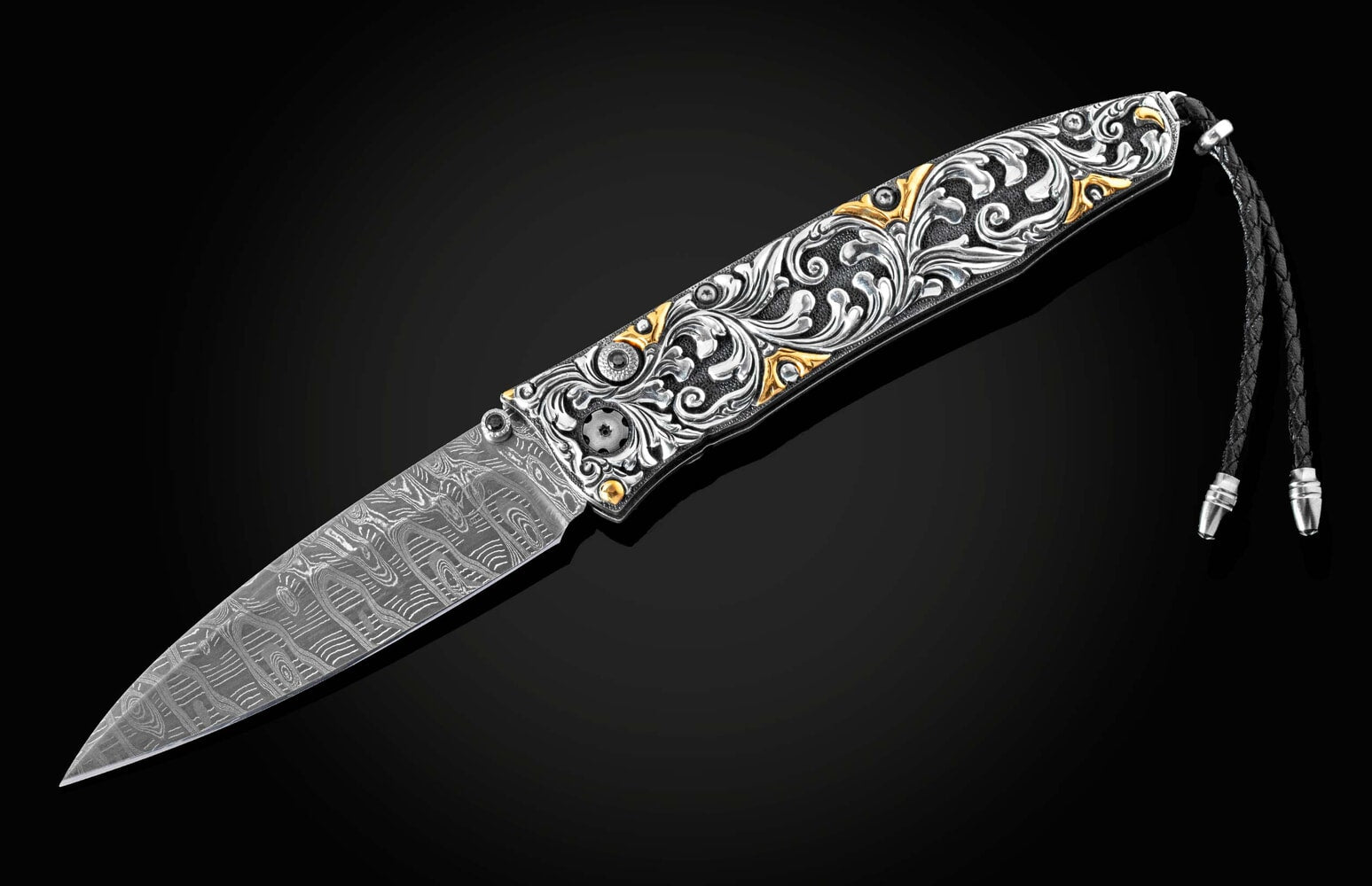 William Henry Pocketknife with hand-carved sterling silver, gold accents, and damascus blade B30 GOLDEN DAWN