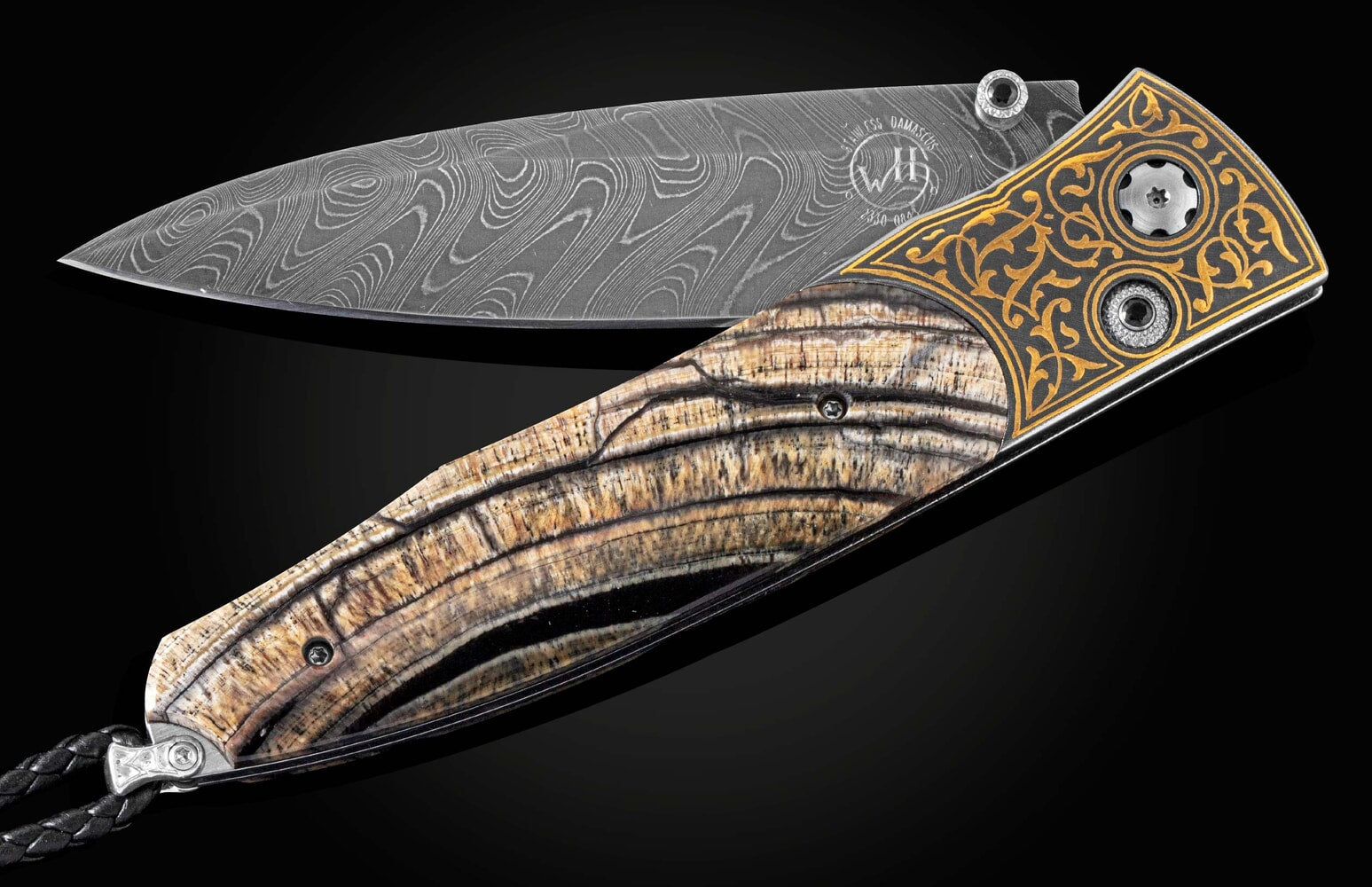 William Henry Folding knife with inlaid 24K gold, fossil woolly mammoth tusk, and damascus B30 GOLDEN EYE