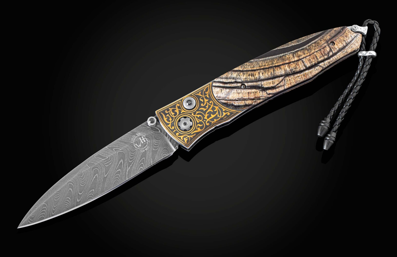 William Henry Folding knife with inlaid 24K gold, fossil woolly mammoth tusk, and damascus B30 GOLDEN EYE