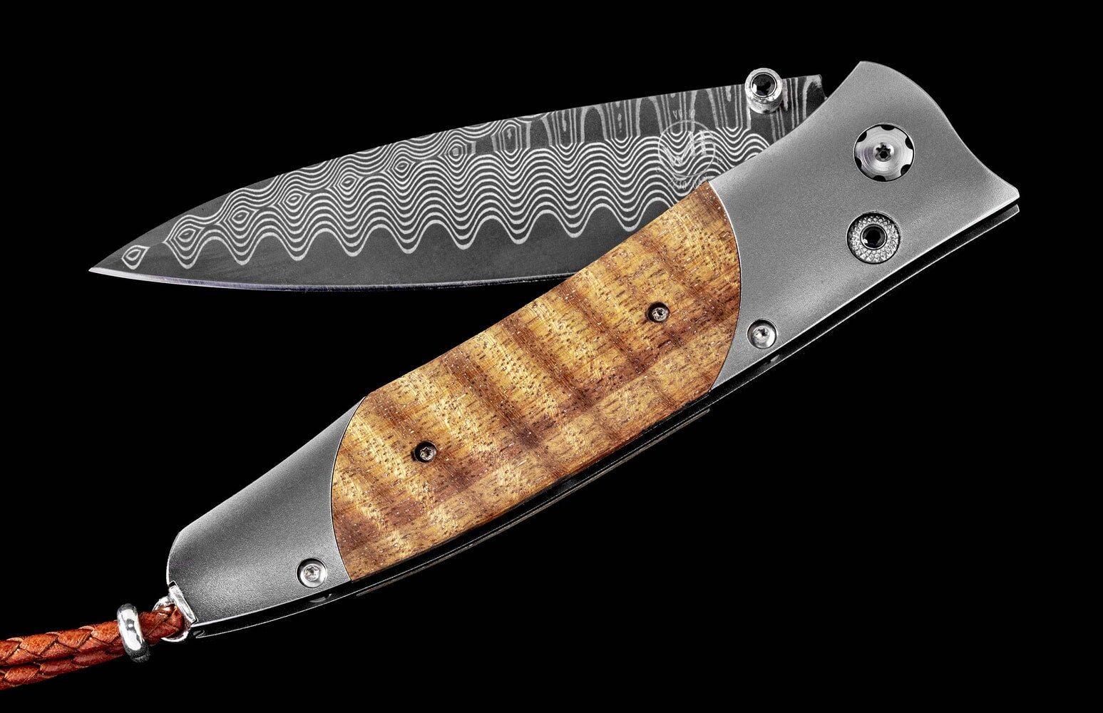William Henry Titanium pocketknife with Koa wood and 'wave' damascus blade B30 KOA