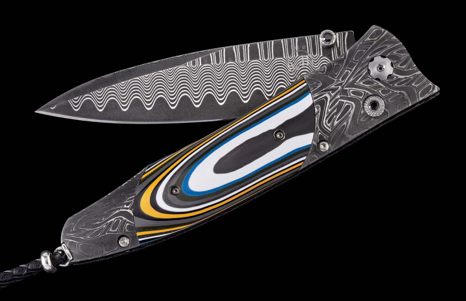 William Henry Damascus pocketknife featuring fordite and 'wave' damascus blade B30 OCTANE
