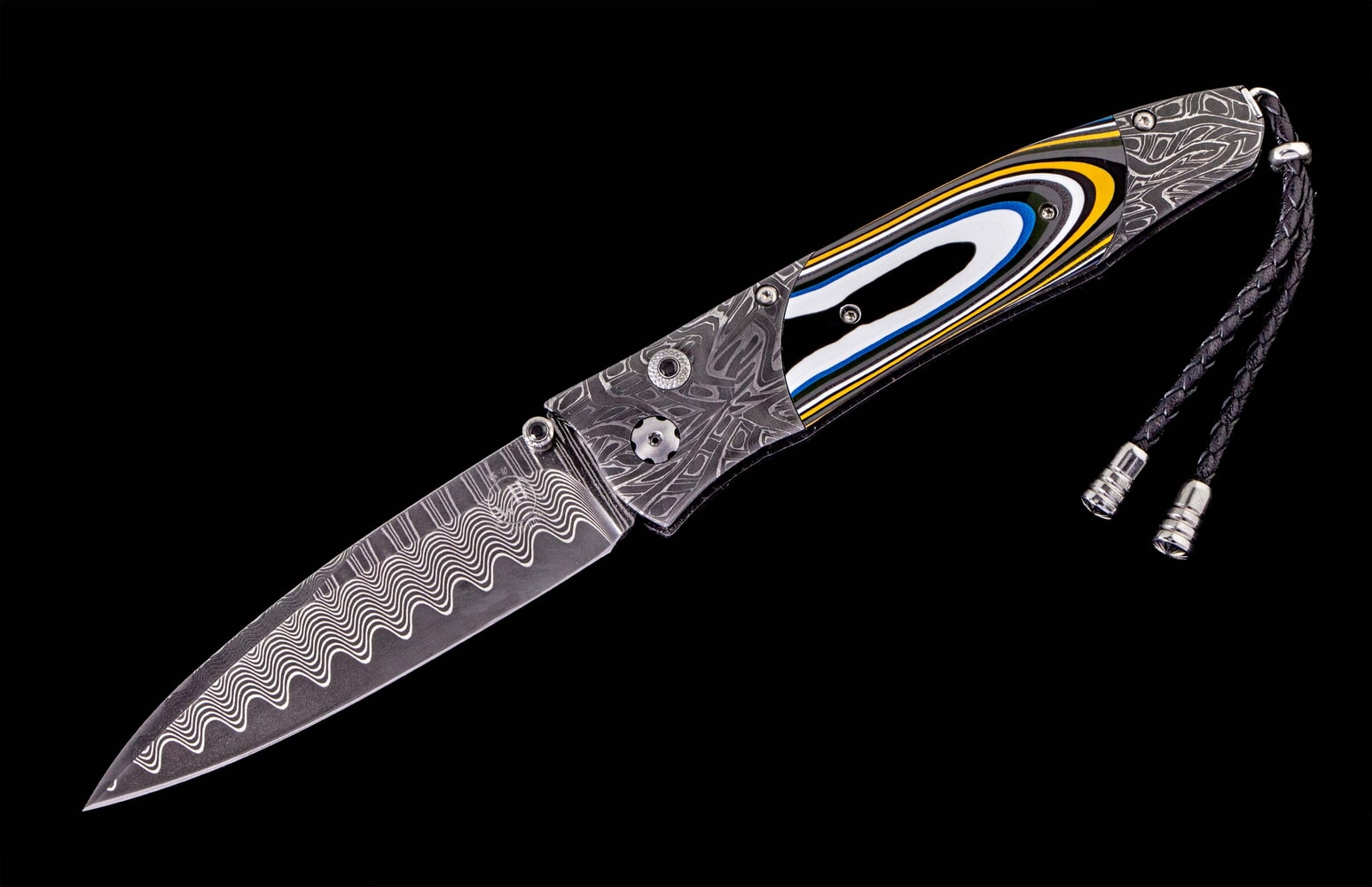 William Henry Damascus pocketknife featuring fordite and 'wave' damascus blade B30 OCTANE