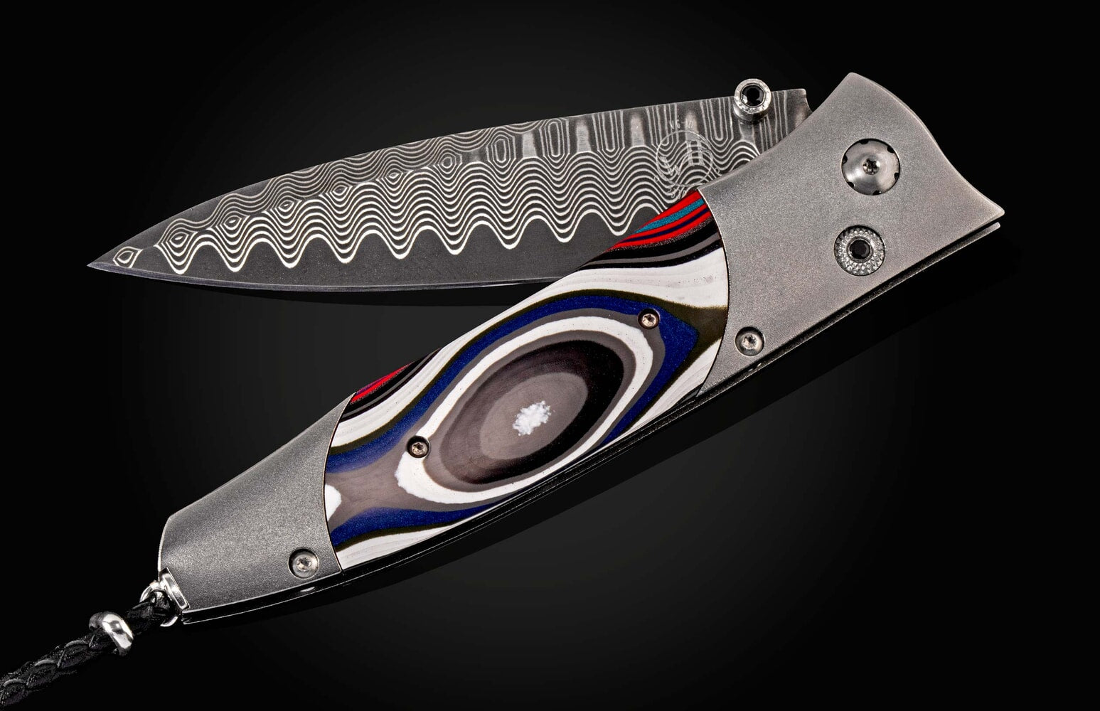 William Henry Titanium folding knife with Fordite and 'wave' damascus blade B30 OVERDRIVE